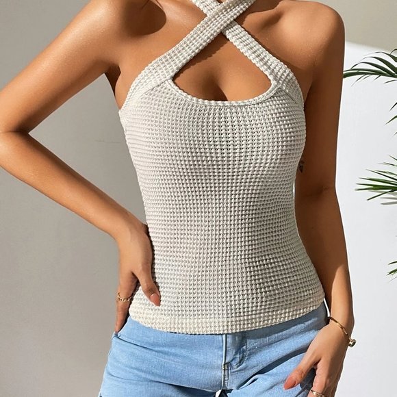 . Tops - Sexy Womens Solid Criss Cross Halter Top